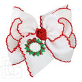 5.5' XLg White Grosgrain Hair Bow w/Red Crochet Edge & Embroidered Wreath