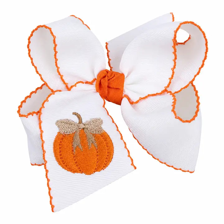 White Grosgrain Bow w/Embroidered Orange Pumpkin