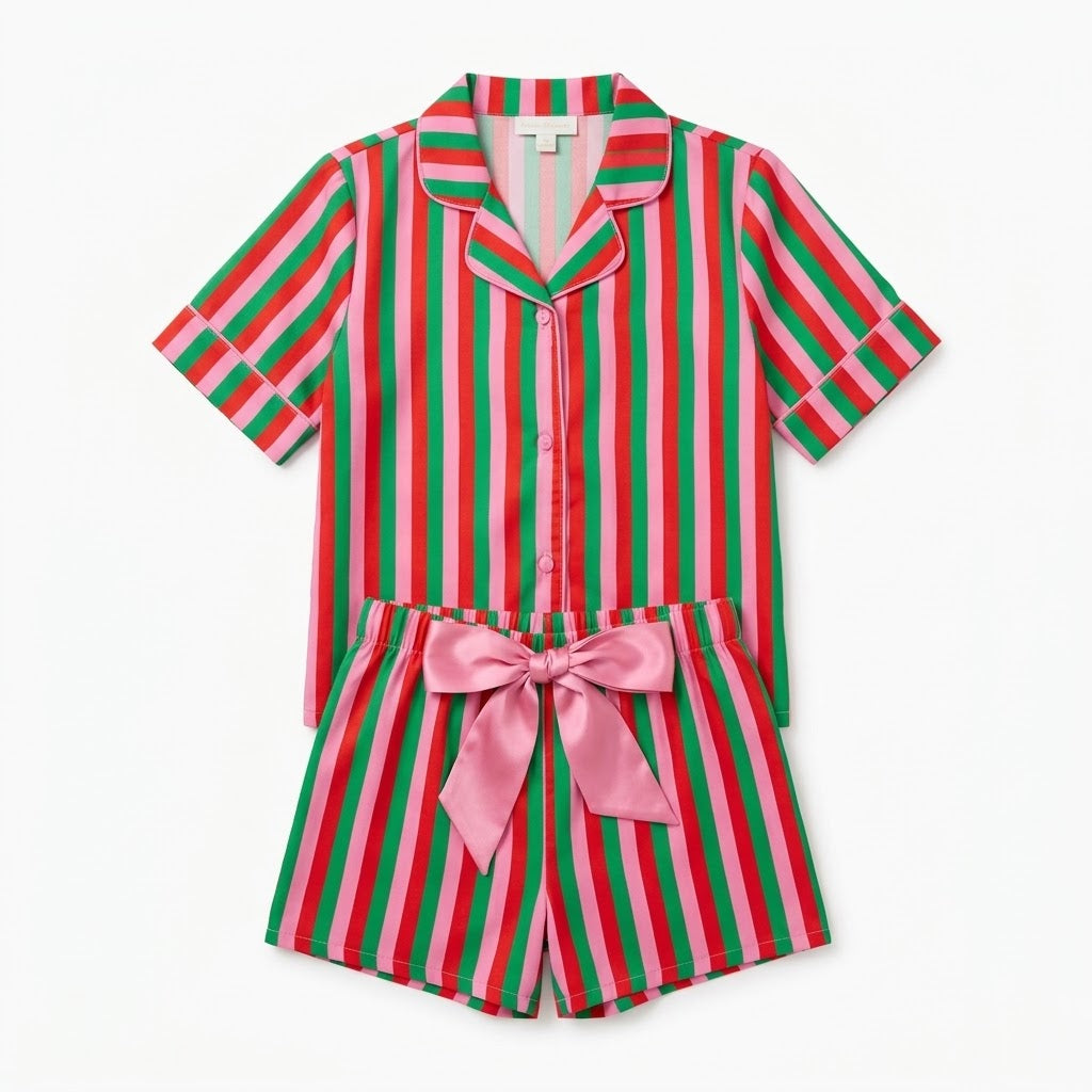 Striped Candy Christmas Silky Short Pj Set