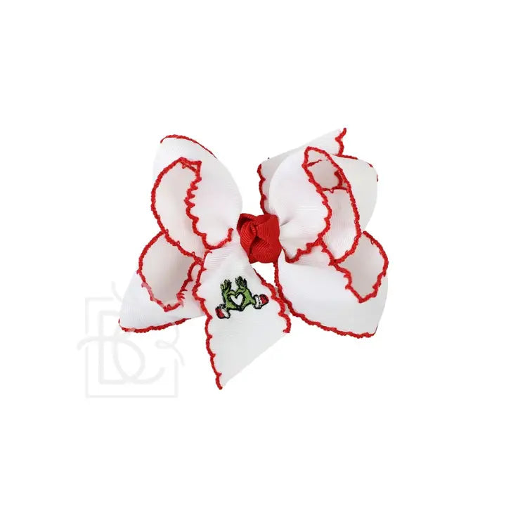 4.5' Lg White Grosgrain Hair Bow w/Red Crochet Edge & Embroidered Green Hand-Heart