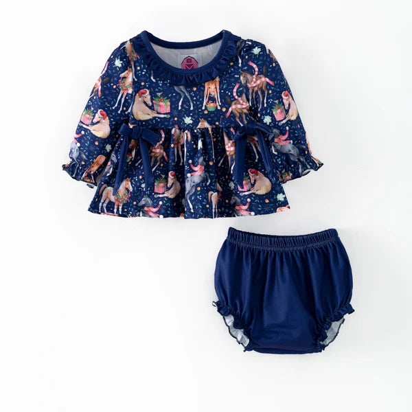 Christmas 2 pc Baby set / Navy w/Horse Print