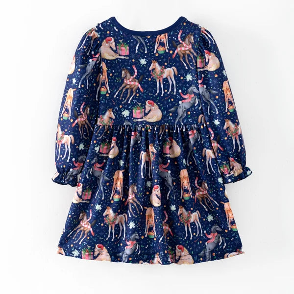 Navy Christmas Horse Print Dress