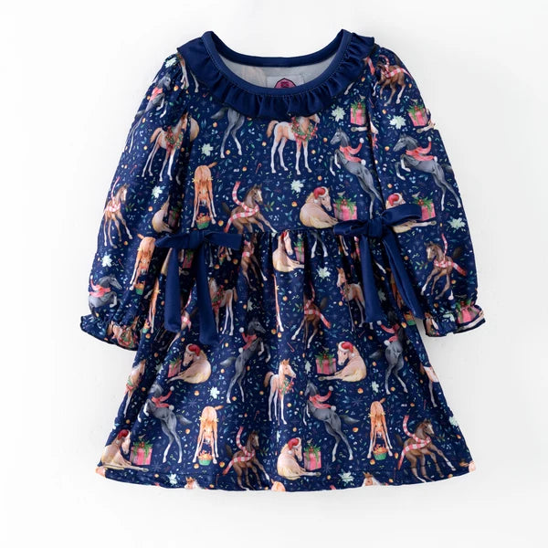 Navy Christmas Horse Print Dress