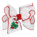 4.5' Lg White Grosgrain Hair Bow w/Red Crochet Edge & Embroidered Candy Cane