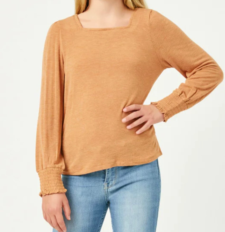 Junior Sq Neck, L/S Smocked Cuff Knit Top