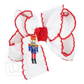 4.5' Lg White Grosgrain Hair Bow w/Red Crochet Edge & Embroidered Nutcracker