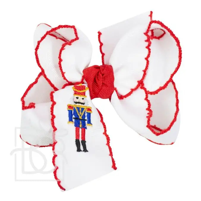 4.5' Lg White Grosgrain Hair Bow w/Red Crochet Edge & Embroidered Nutcracker