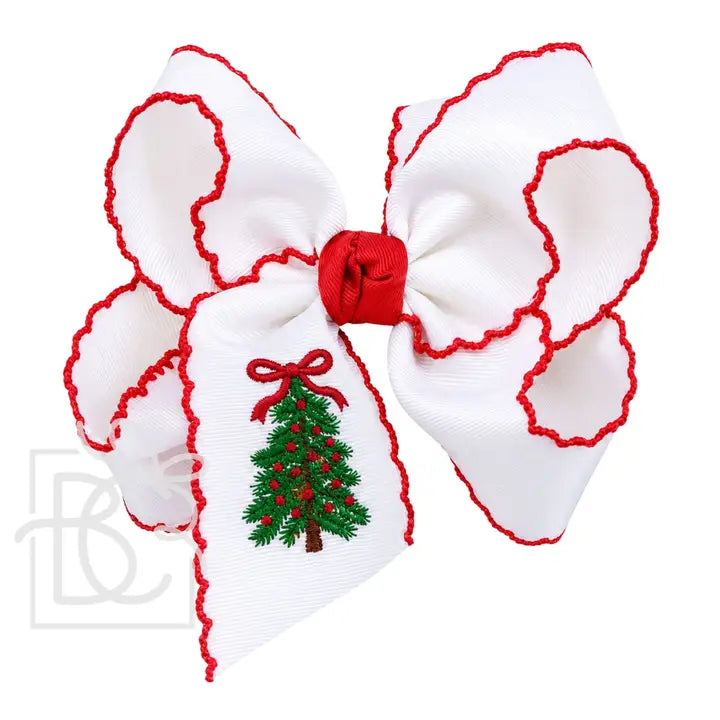 4.5' Lg White Grosgrain Hair Bow w/Red Crochet Edge & Embroidered Christmas Tree