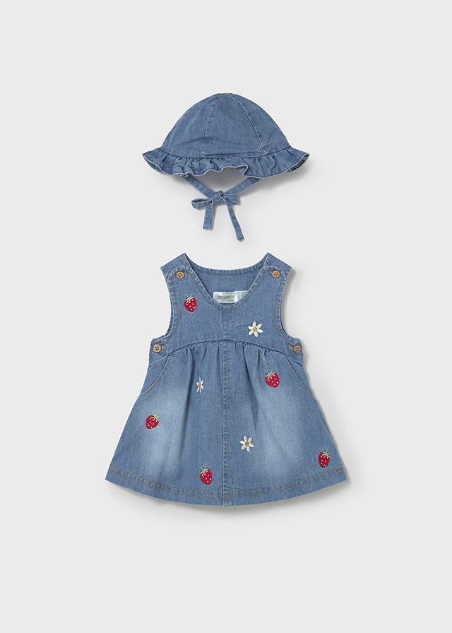 Baby Girl Denim Embroidered Dress w/ Bucket Hat