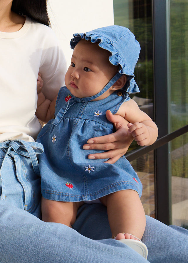 Baby Girl Denim Embroidered Dress w/ Bucket Hat
