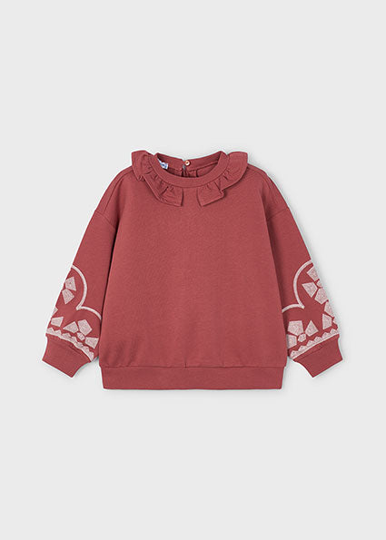 Girl Ruffled Collar Emb Sleeve Pullover
