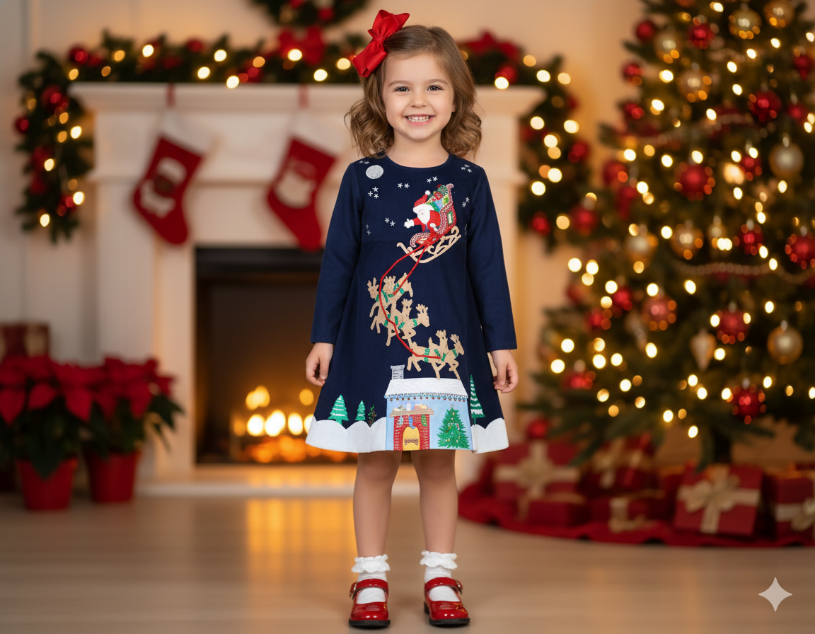 Santa & Sleigh Corduroy L/S Dress