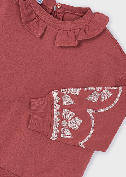 Girl Ruffled Collar Emb Sleeve Pullover