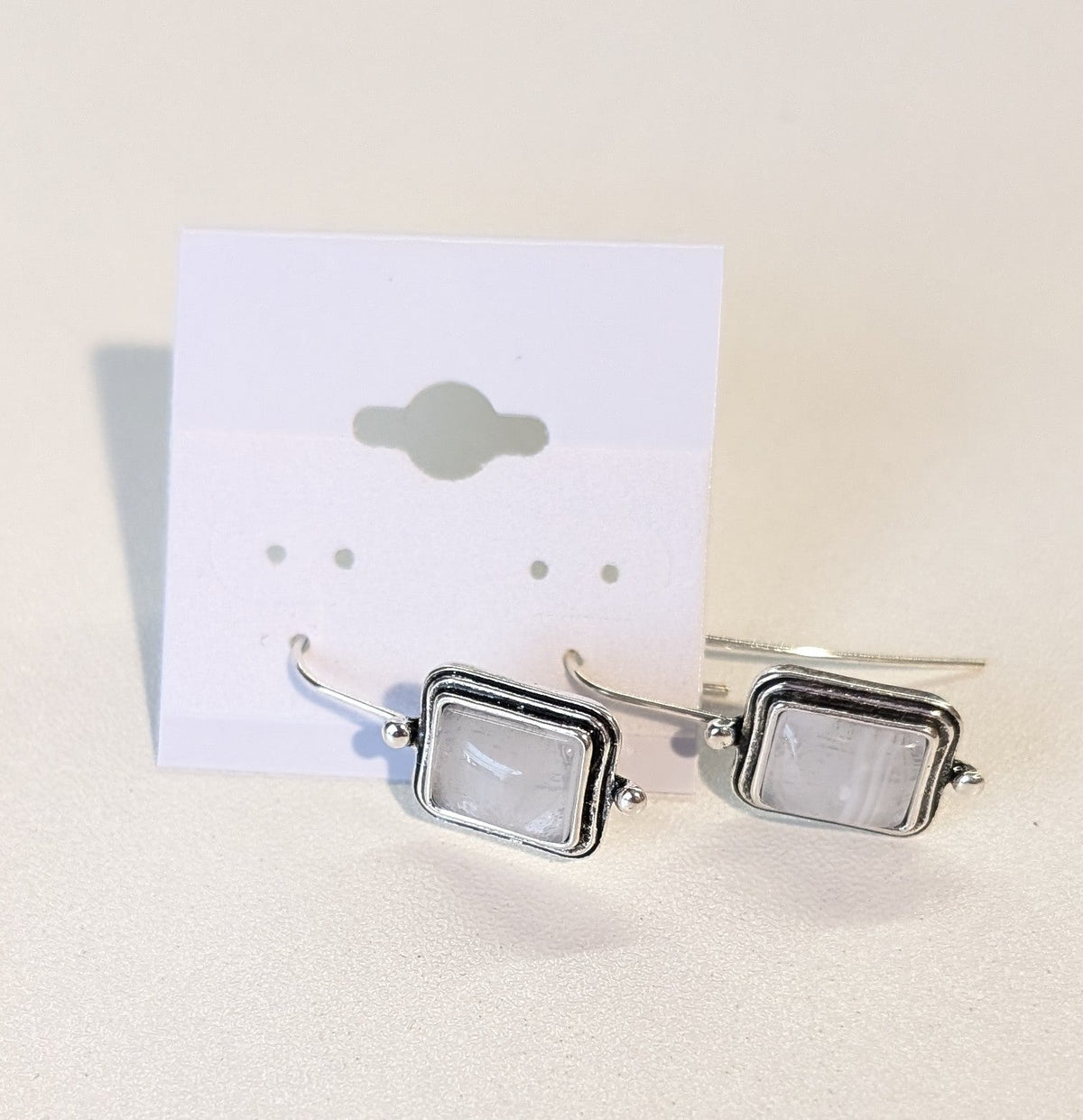 Silver Rect Earrings w/ White Stone