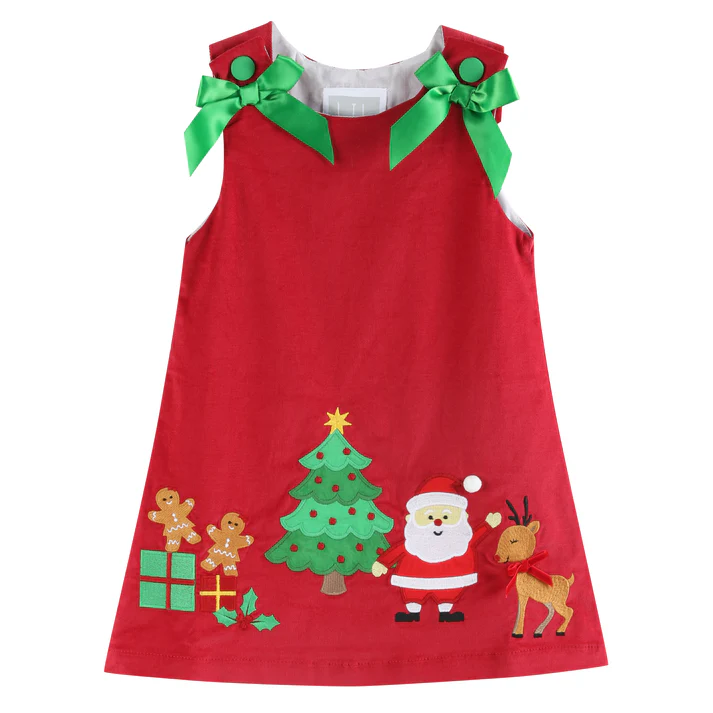 Santa Corduroy Applique Bow Dress