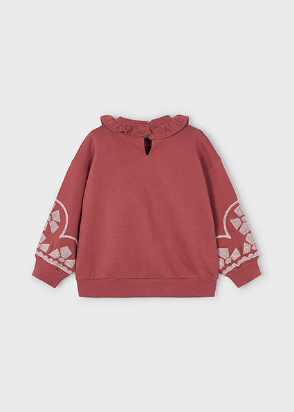 Girl Ruffled Collar Emb Sleeve Pullover