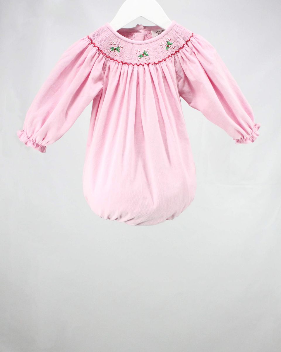 Smocked Corduroy L/S Candy Cane Bubble