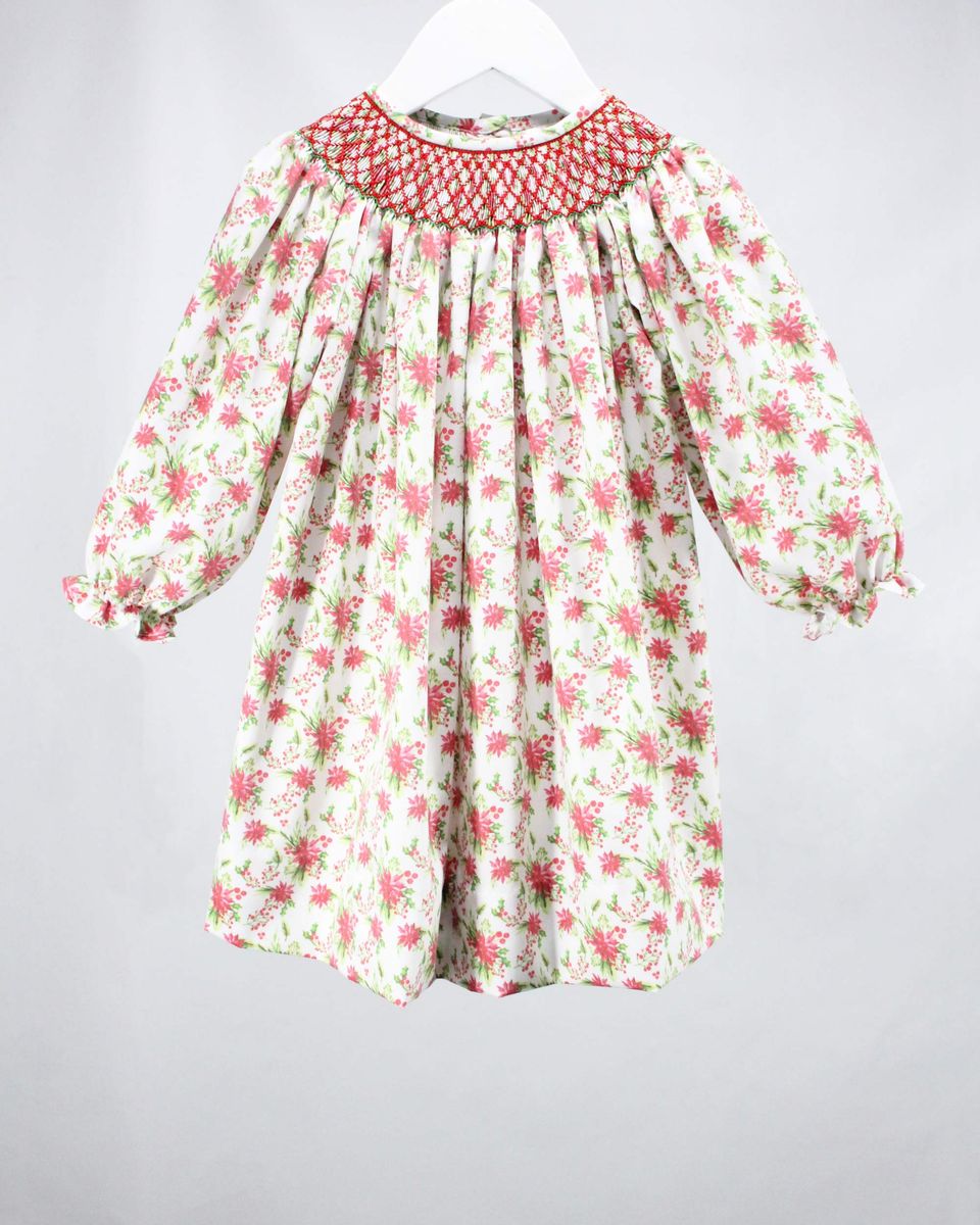 Christmas Poinsettia Smocked Bishop Dress
