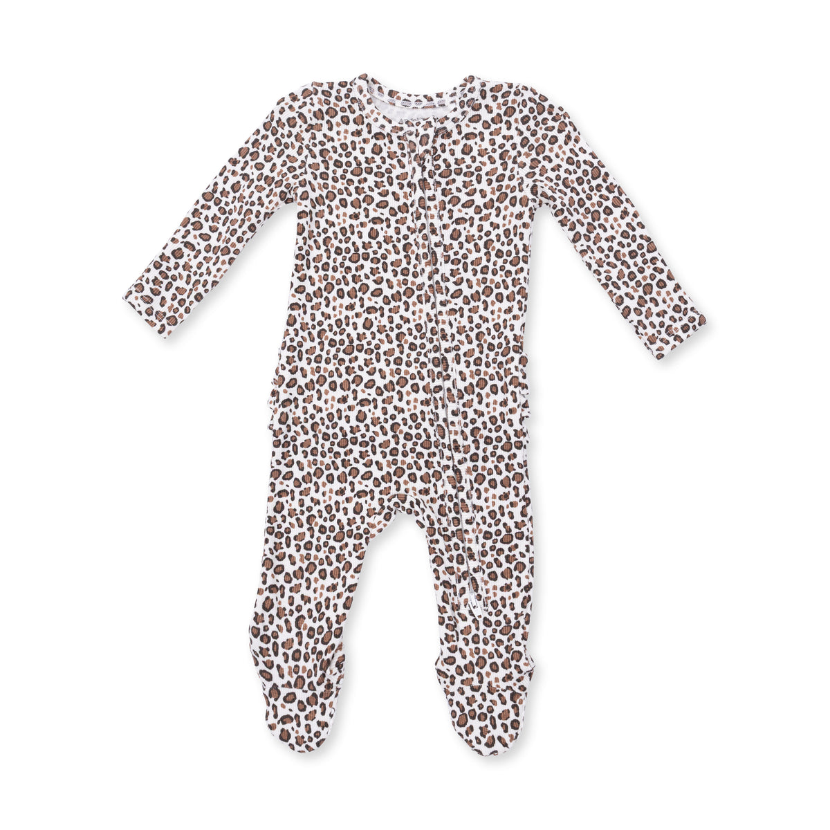 Leopard Rib - 2 Way Ruffle Back Zipper Footie $17.00