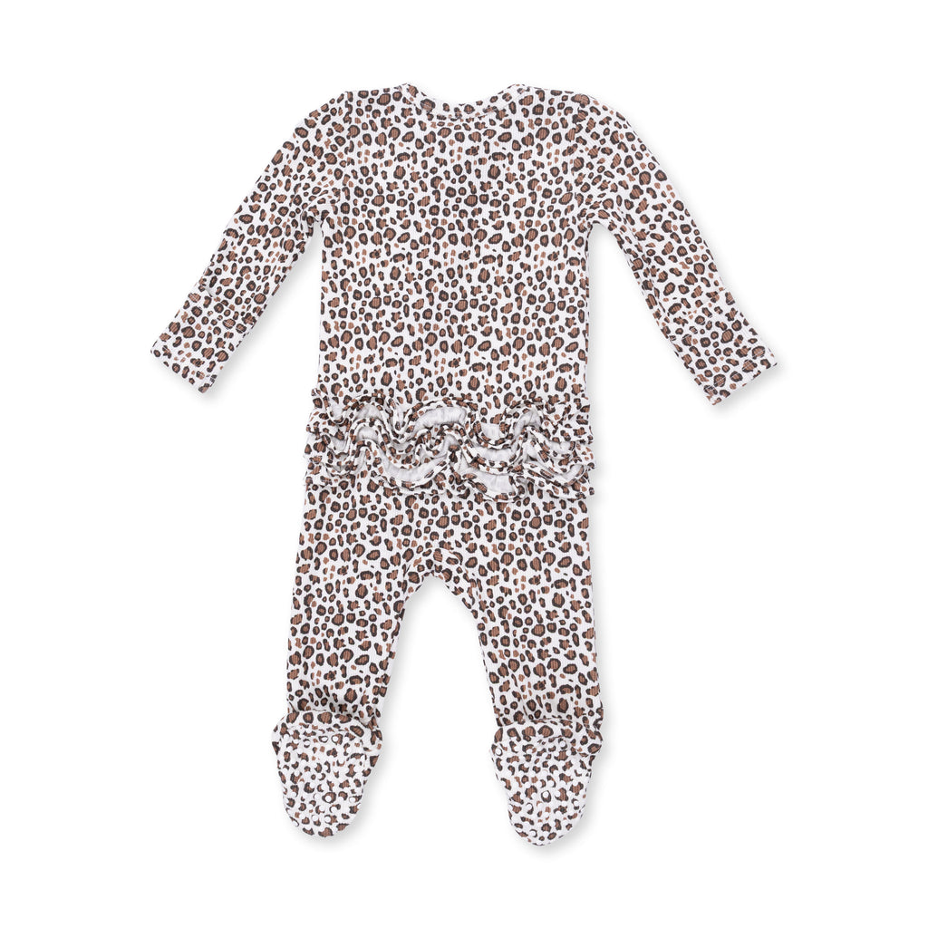 Leopard Rib - 2 Way Ruffle Back Zipper Footie $17.00