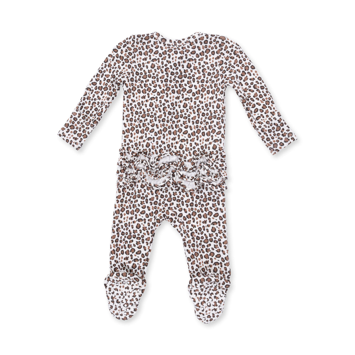 Leopard Rib - 2 Way Ruffle Back Zipper Footie $17.00