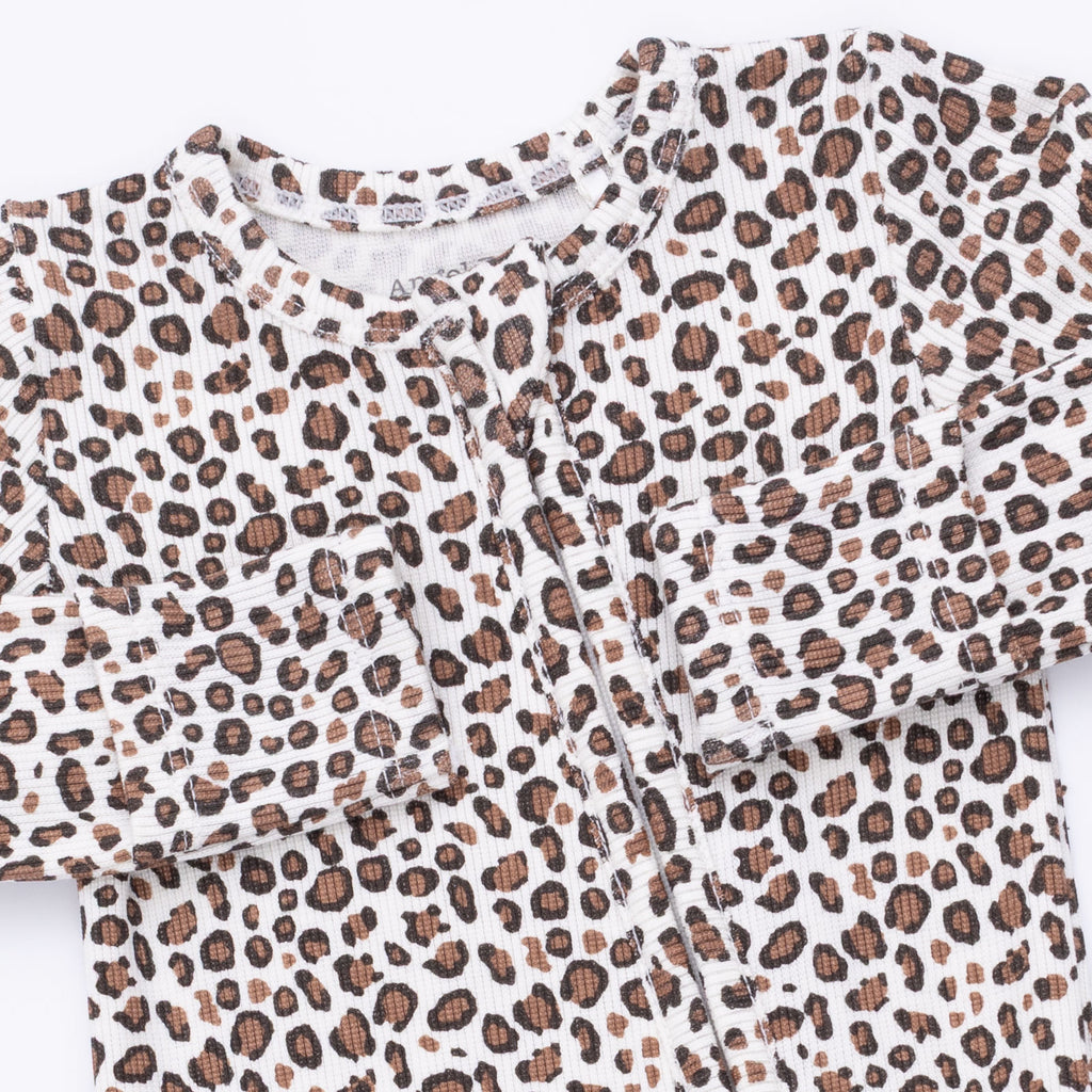 Leopard Rib - 2 Way Ruffle Back Zipper Footie $17.00