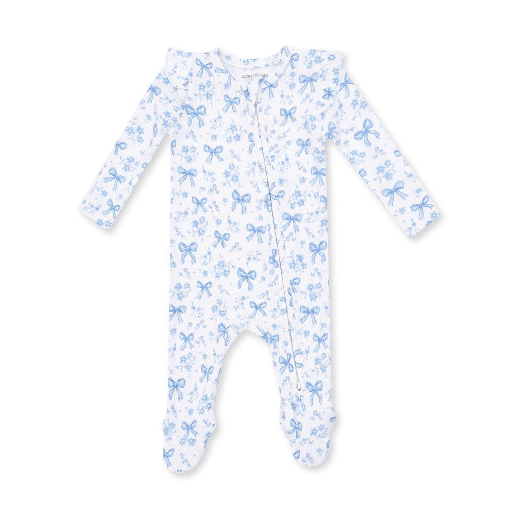Blue Bows And Flowers - 2 Way Ruffle Sleeve Zipper Footie
