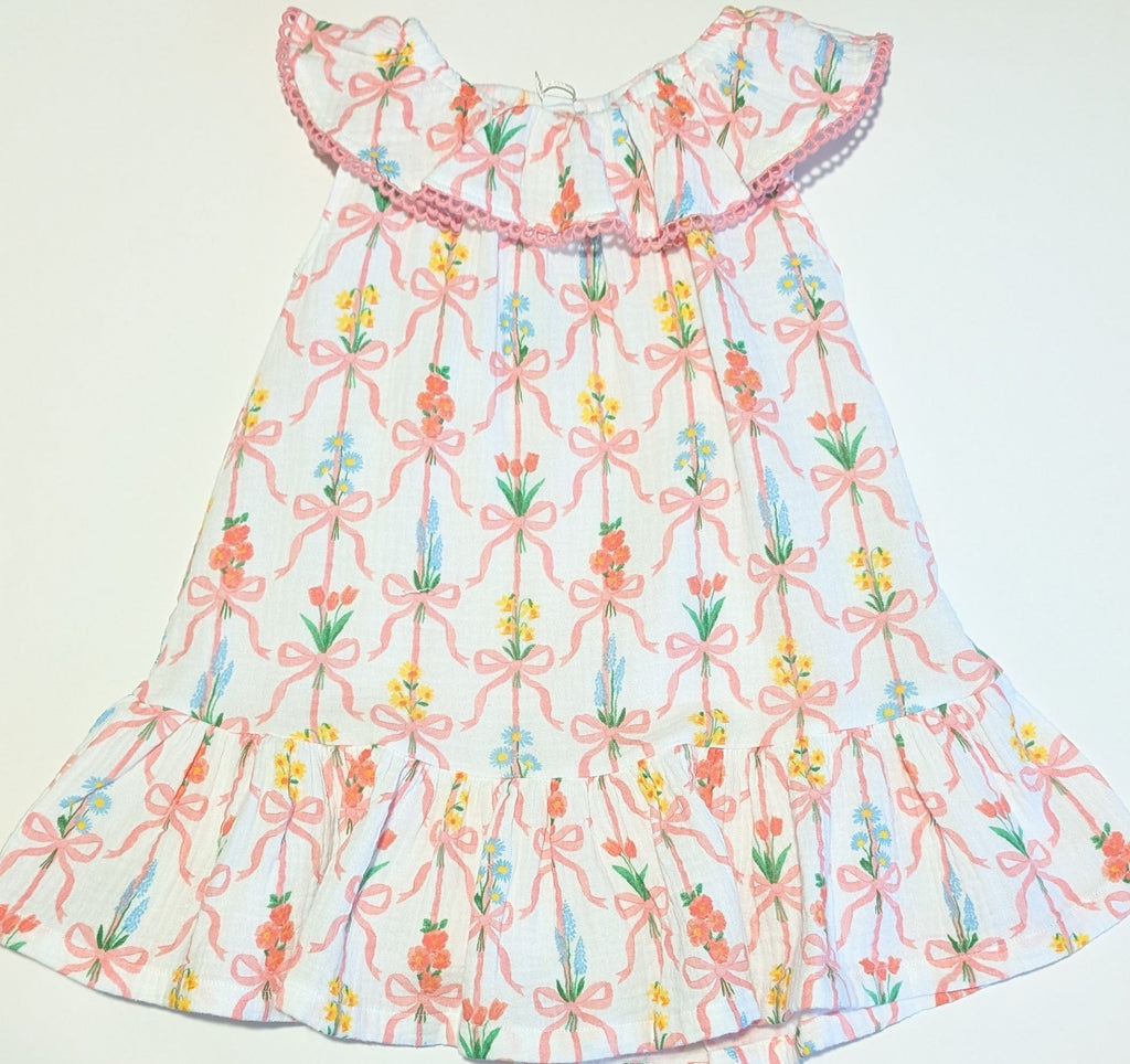 Ribbon Bouquets Circle Neck Ruffle Dress